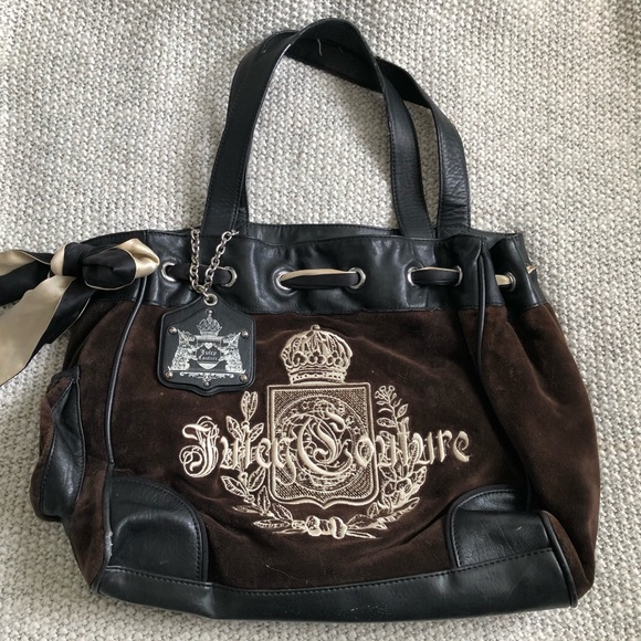 Juicy Couture Handbags - Vintage Y2K Juicy Couture Bag Brown Velour Black Leather Cream Embroidery✨